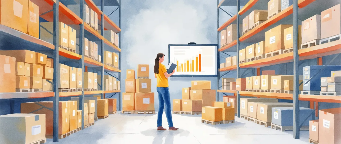 Uma pintura digital em aquarela de um armazém com prateleiras organizadas contendo caixas e produtos. Uma pessoa segurando uma prancheta está verificando o inventário enquanto uma tela de computador próxima exibe um gráfico de barras simples. Cores suaves, linhas limpas, conceito de gestão de estoque.