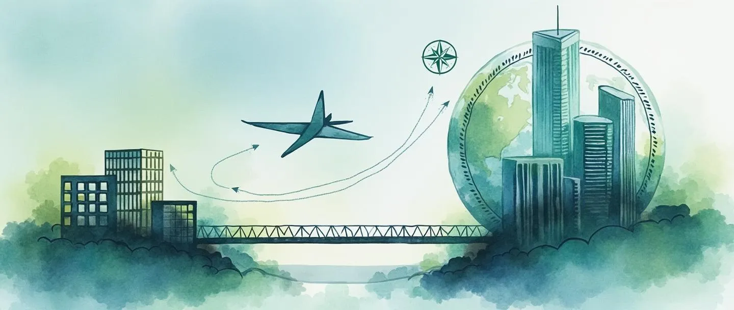 Uma pintura digital em aquarela de um pequeno prédio comercial se transformando em um arranha-céu global, com uma ponte conectando-os. Uma rosa dos ventos guia o caminho enquanto um avião circula um globo translúcido. Composição simples com gradientes de azuis e verdes, transmitindo a jornada da marca através das fronteiras.
