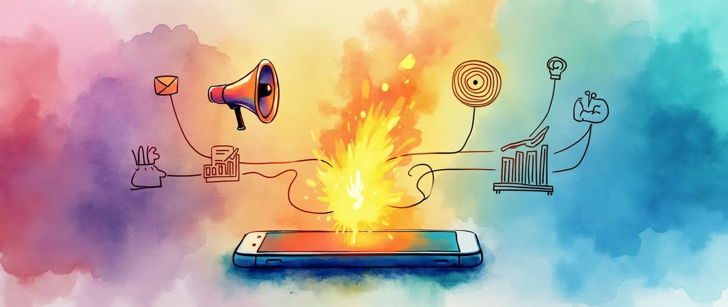 Uma pintura digital em aquarela de um smartphone emitindo um ponto de acesso brilhante e colorido de luz que se conecta a vários elementos de marketing como um megafone, alvo e gráfico. O ponto de acesso cria um centro quente e brilhante no meio dessas ferramentas de marketing simplificadas. Vibrante, porém minimalista, com texturas fluidas de aquarela.
