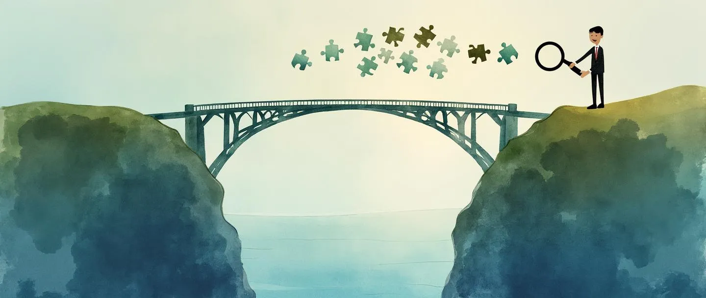Uma pintura digital em aquarela de uma pessoa com uma lupa examinando uma ponte que se estende entre dois penhascos, com lacunas visíveis na estrutura. Peças de quebra-cabeça flutuam nas proximidades, sugerindo soluções para preencher as lacunas. Composição simples com tons suaves de azul e verde, profissional mas acessível.
