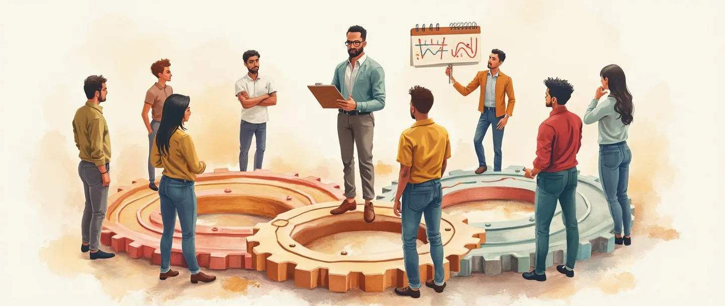 Uma pintura digital em aquarela de uma equipe diversificada trabalhando ao redor de um sistema circular de engrenagens. Uma pessoa com uma prancheta está ligeiramente elevada, dirigindo outros que estão ajustando diferentes engrenagens. Um pequeno fluxograma conecta os membros da equipe, com um calendário e um alvo visíveis ao fundo. Composição simples, cores colaborativas quentes, atmosfera de trabalho em equipe eficiente.