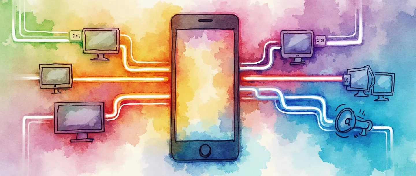 Uma pintura digital em aquarela de um smartphone conectado a múltiplos canais ou caminhos coloridos que fluem para vários dispositivos como um computador, tablet e megafone. Cada canal brilha com uma cor vibrante diferente, convergindo em um hub central. Composição simples com linhas fluidas representando comunicação multicanal.