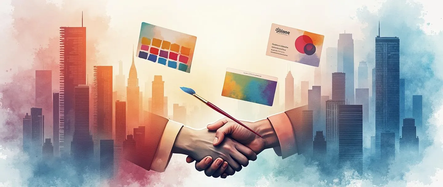 Uma pintura digital em aquarela de cartões de visita e logotipos flutuando ao redor da silhueta de um edifício comercial, com um pincel adicionando cor a uma identidade corporativa. Composição simples com uma paleta de cores, elementos de marca e um aperto de mão simbolizando relações profissionais. Limpo, moderno e conceitual.