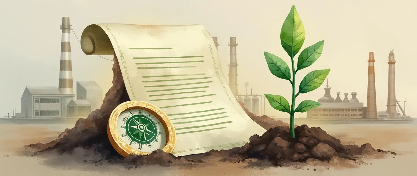 Uma pintura digital em aquarela de um documento oficial com um selo verde, ao lado de uma pequena muda de árvore crescendo no solo. Uma rosa dos ventos e uma lupa pairam nas proximidades, com a silhueta simples de uma fábrica ao fundo. Linhas limpas, tons terrosos, tema de proteção ambiental.