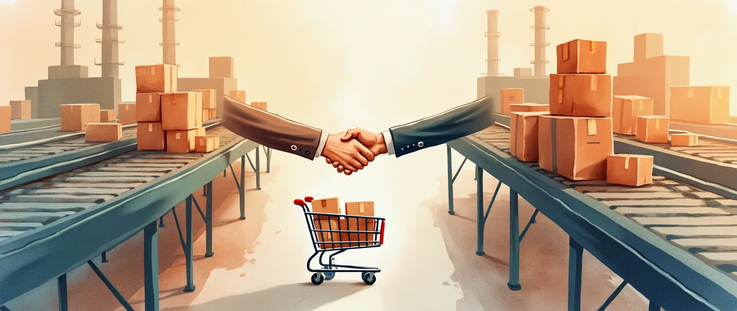 Uma pintura digital em aquarela de uma fábrica conectada a edifícios de escritórios por esteiras transportadoras fluidas carregando produtos em caixas. Um aperto de mãos se forma entre a fábrica e um carrinho de compras, simbolizando oferta e demanda. Composição simples com cores quentes, enfatizando a conexão entre produção e distribuição.