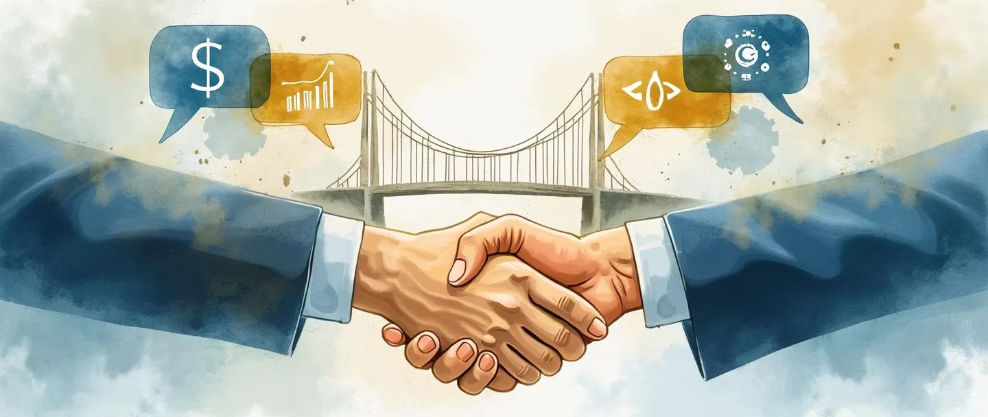 Uma pintura digital em aquarela de dois empresários apertando as mãos com balões de fala contendo símbolos como cifrões, gráficos e engrenagens flutuando entre eles. Uma ponte os conecta, simbolizando comunicação. Composição simples com tons suaves de azul e dourado, profissional mas acessível.