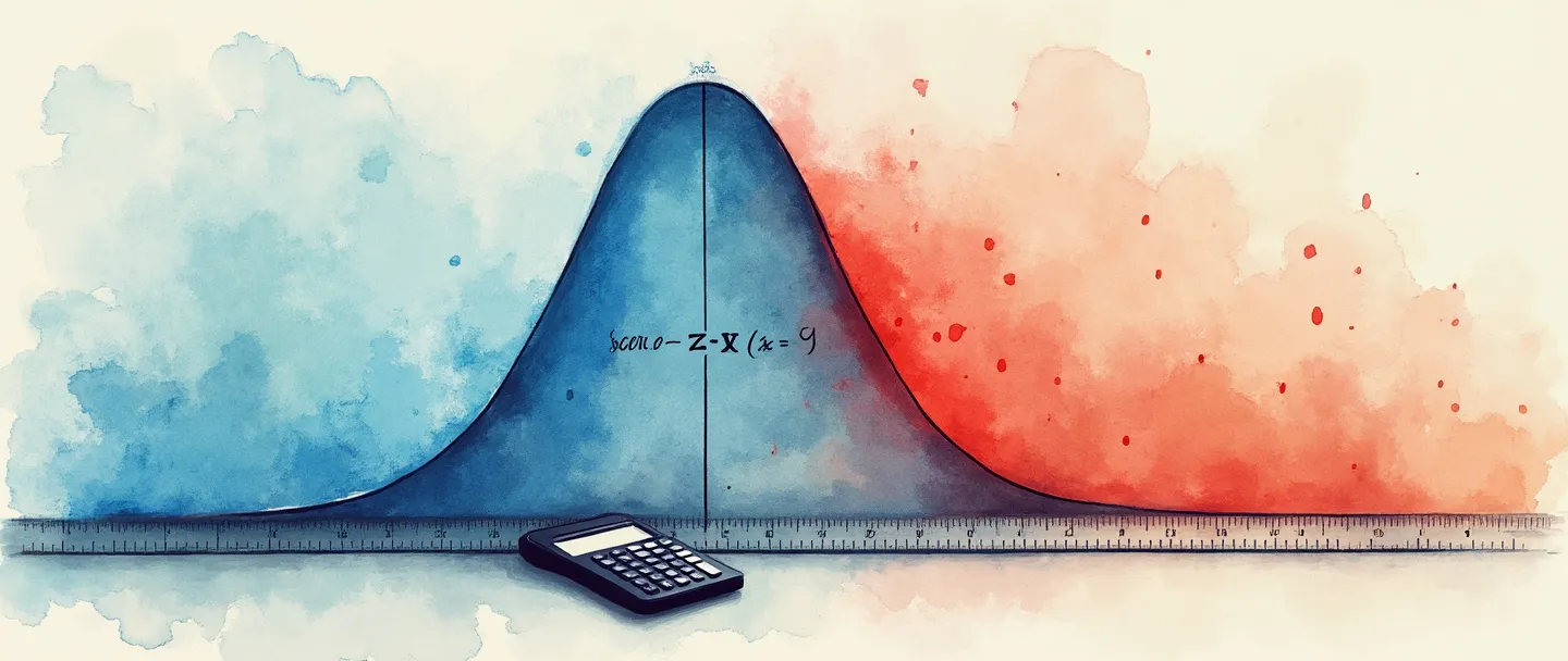 Uma pintura digital em aquarela de uma curva normal (curva de sino) com um único ponto de dados destacado em vermelho brilhante, contrastando com a curva azul. Uma régua e uma calculadora estão posicionadas abaixo da curva, com a fórmula simples do escore z (z = (x - μ)/σ) escrita em caligrafia elegante. Composição limpa, conceito estatístico, sensação educativa.