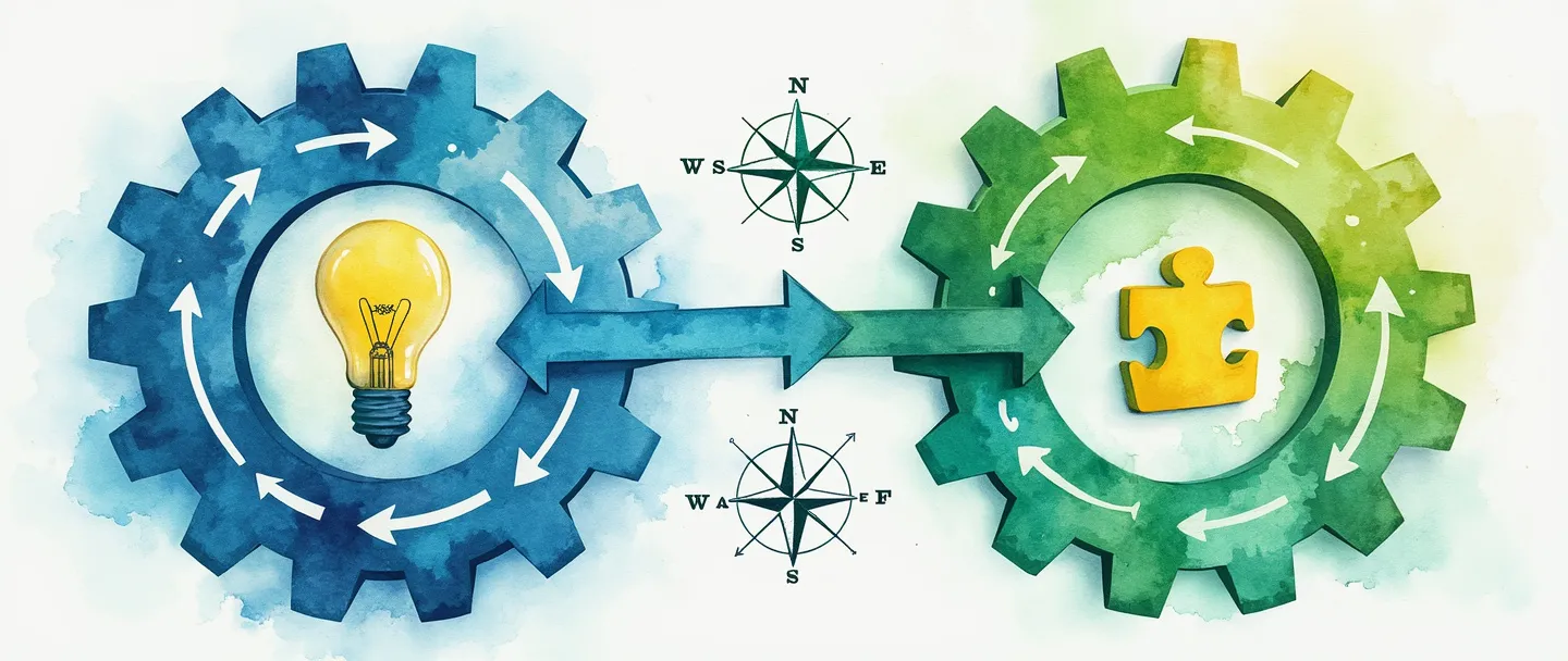 Uma pintura digital em aquarela de duas engrenagens interligadas com setas mostrando rotação, transformando-se de azul para verde. Uma engrenagem contém uma lâmpada, enquanto a outra mostra uma peça de quebra-cabeça. Um fluxograma simples as conecta, com uma rosa dos ventos ao fundo sugerindo direção. Conceito de gestão de mudanças limpo, profissional e organizado.
