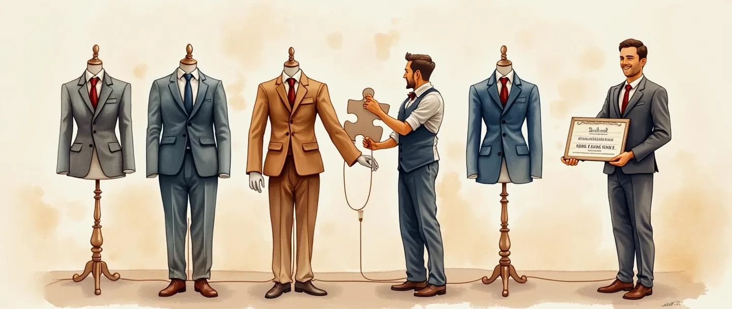 Uma pintura digital em aquarela de um alfaiate medindo e ajustando um terno em um manequim único, com cada manequim no fundo tendo diferentes trajes personalizados. Uma peça de quebra-cabeça conecta o alfaiate a um cliente sorridente segurando um certificado personalizado. Composição simples, cores quentes, pinceladas elegantes.