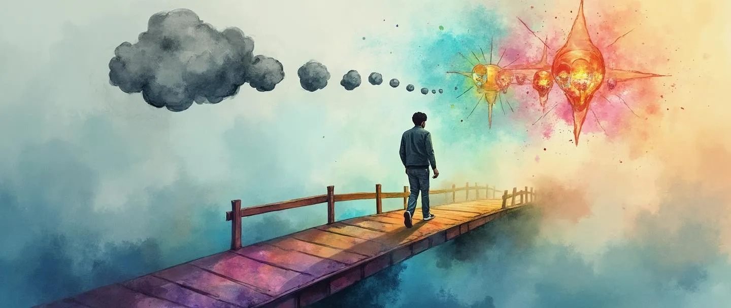 Uma pintura digital em aquarela de uma pessoa atravessando uma ponte, deixando para trás bolhas de pensamento cinzentas e caminhando em direção a lâmpadas coloridas. O caminho se transforma de nebuloso para claro, com uma bússola apontando para frente. Composição simples com cores vibrantes de transformação.