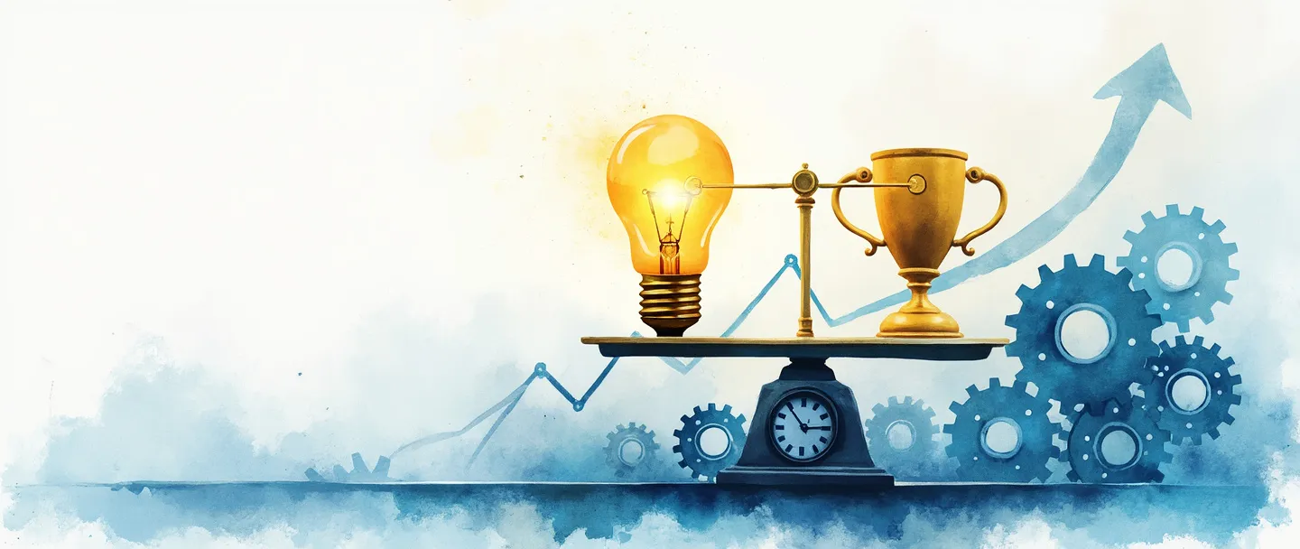 Uma pintura digital em aquarela de uma balança de medição equilibrando uma lâmpada e um troféu, com um gráfico ascendente simples ao fundo. Engrenagens conectam sutilmente os elementos, enquanto um pequeno relógio mostra eficiência de tempo. Composição limpa com azuis e dourados vibrantes, representando o equilíbrio entre esforço e resultados.