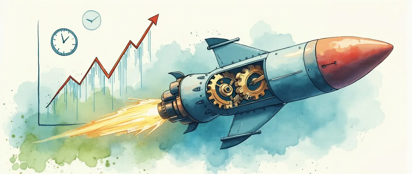 Uma pintura digital em aquarela de um foguete aerodinâmico com partes desnecessárias se desprendendo, revelando engrenagens eficientes em seu interior. Um cronômetro e um gráfico com tendência ascendente flutuam nas proximidades. Composição simples com vibrantes tons de azul e verde, transmitindo eficiência e crescimento.