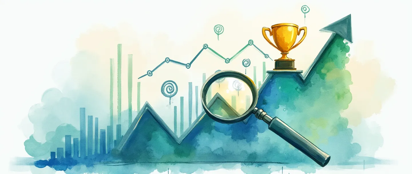 Uma pintura digital em aquarela de um gráfico com tendência ascendente e um troféu em seu pico. Uma lupa paira sobre indicadores-chave de desempenho no gráfico, com pequenos alvos mostrando metas alcançadas. Composição simples com azuis e verdes vibrantes, profissional mas acessível.