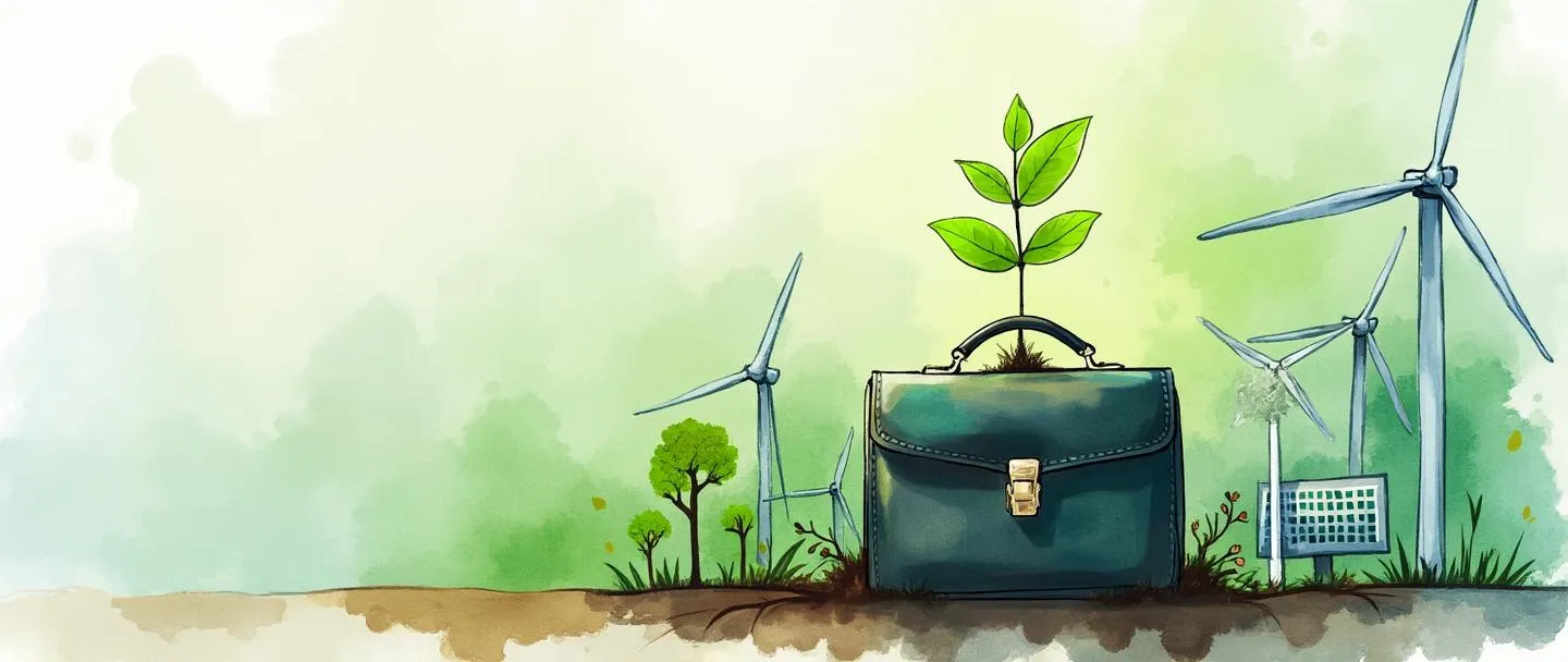 Uma pintura digital em aquarela de uma muda verde crescendo de uma pasta executiva, cercada por símbolos de energia renovável como painéis solares e turbinas eólicas. Uma balança mostra a natureza e os negócios em harmonia. Paleta de tons terrosos com verdes e azuis vibrantes, composição simples transmitindo práticas de gestão sustentável.