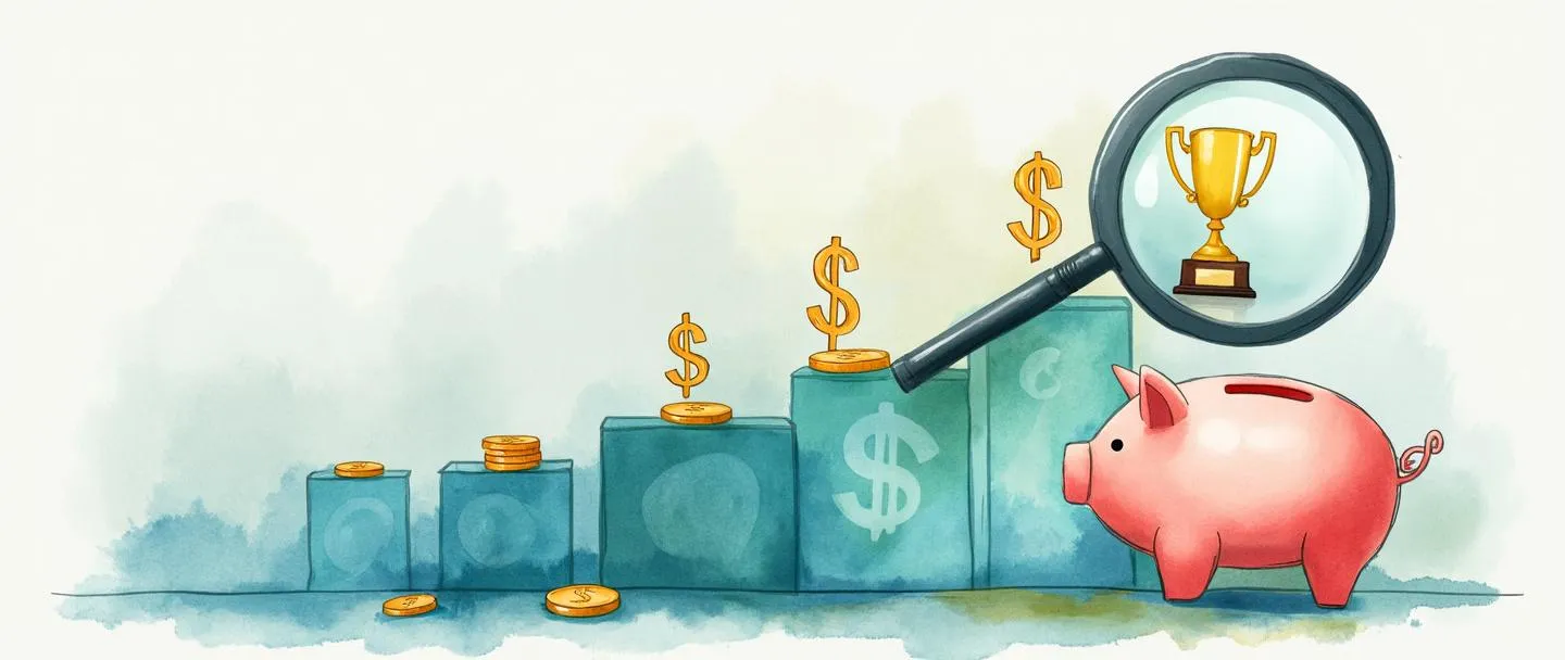 Uma pintura digital em aquarela de um gráfico com tendência de queda com cifrões de dólar, ao lado de um cofre de porquinho pegando moedas que caem. Uma lupa destaca o ponto mais baixo do gráfico onde um pequeno troféu está posicionado. Composição simples com tons de azul e verde, transmitindo a conquista de redução de custos.