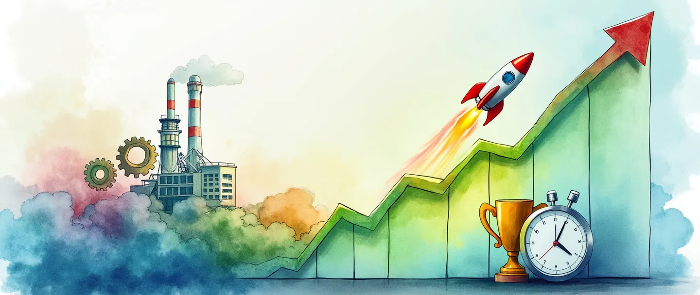 Uma pintura digital em aquarela de um gráfico com tendência ascendente com um foguete decolando de seu ponto mais alto. Próximo, uma fábrica com engrenagens emite feixes coloridos de produtividade enquanto um cronômetro e um troféu estão na base do gráfico. Composição simples com vibrantes tons de azul e verde, transmitindo metas de aumento de produção.