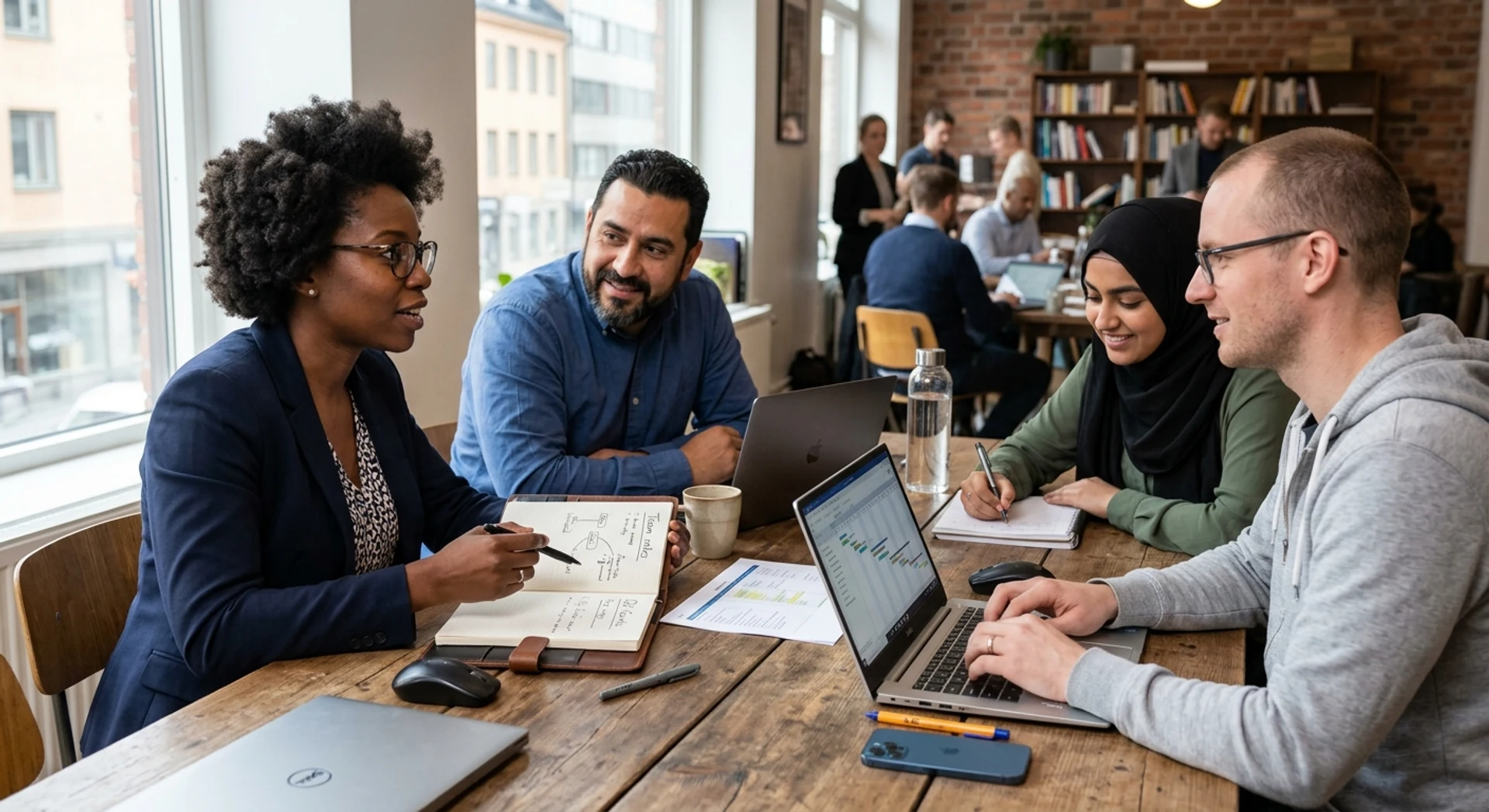 Como estruturar uma equipe do zero corretamente Fotografia editorial ultra-realista de profissionais diversos colaborando em reunião de formação de equipe ao redor de mesa de conferência com laptops e documentos de planejamento, capturada com Canon EOS R5, luz natural, foco nítido e detalhes autênticos.