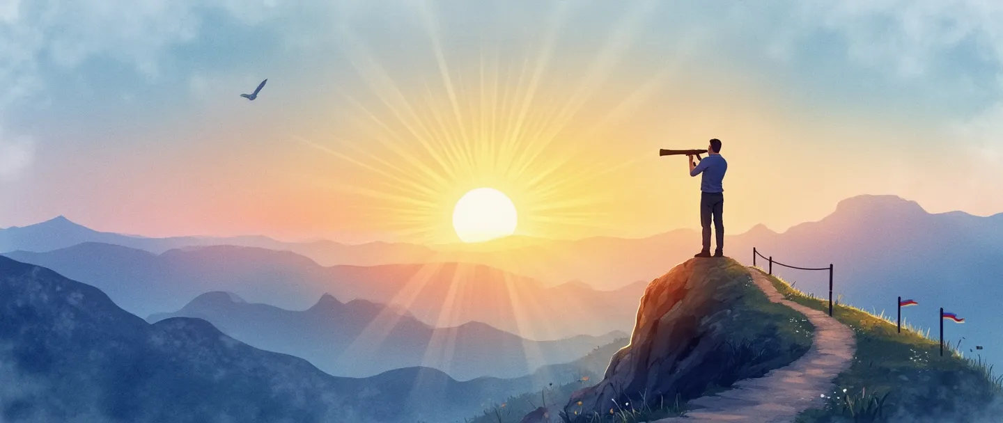 Uma pintura digital em aquarela de uma pessoa em pé no pico de uma montanha, olhando através de um telescópio para um horizonte distante onde um sol brilhante nasce. Abaixo, um caminho sinuoso mostra pequenos marcos com bandeirinhas. Composição simples com tons suaves de azul e roxo que transitam para laranjas e amarelos quentes. Conceito de visão de liderança.