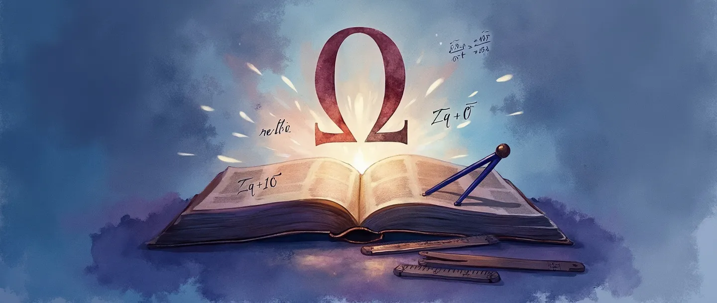 Uma pintura digital em aquarela da letra grega zeta (ζ) elegantemente exibida em um livro aberto, com uma fórmula matemática flutuando acima dela. Um brilho suave emana do símbolo, lançando luz sobre um compasso e uma régua próximos. Composição simples com tons suaves de azul e roxo, atmosfera acadêmica.