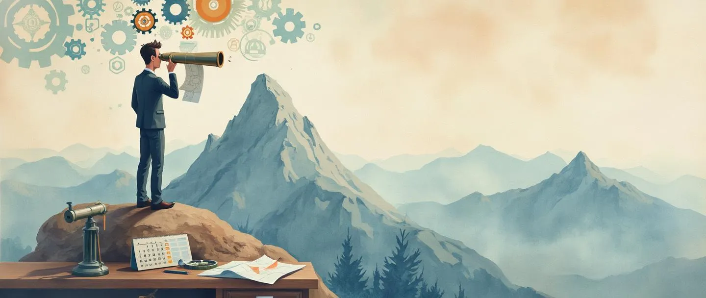 Uma pintura digital em aquarela de uma pessoa em trajes executivos olhando através de um telescópio em direção ao horizonte enquanto está em pé no topo de uma montanha. Abaixo, um calendário, gráficos e uma bússola estão organizados sobre uma mesa. A figura segura uma planta baixa em uma das mãos, com engrenagens e lâmpadas flutuando acima de sua cabeça, representando planejamento estratégico e visão. Composição simples com cores profissionais suaves.