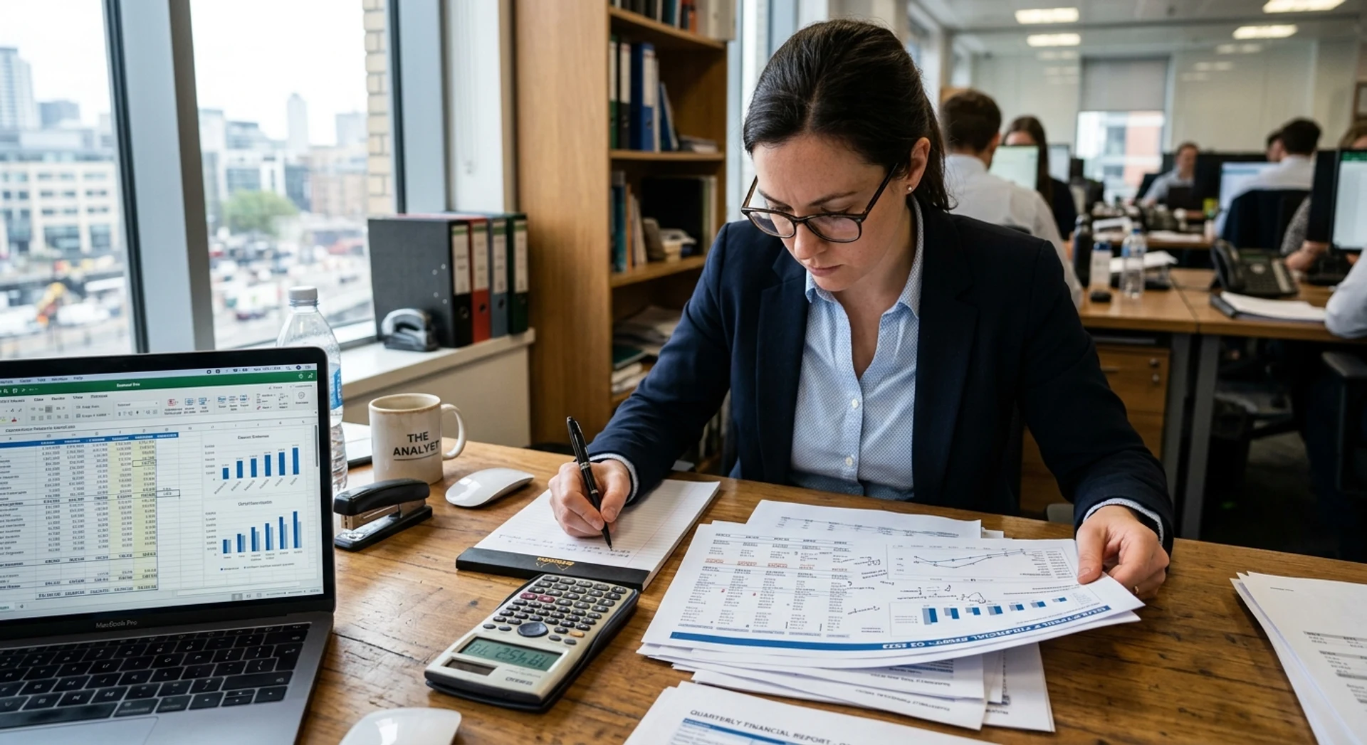 Valuation: o que é, como fazer e exemplos práticos Fotografia editorial ultra-realista de analista de negócios revisando documentos financeiros e calculadora em mesa de madeira com laptop exibindo planilha, luz natural de janela, foco nítido, alta resolução, momento autêntico capturado em Canon EOS R5.
