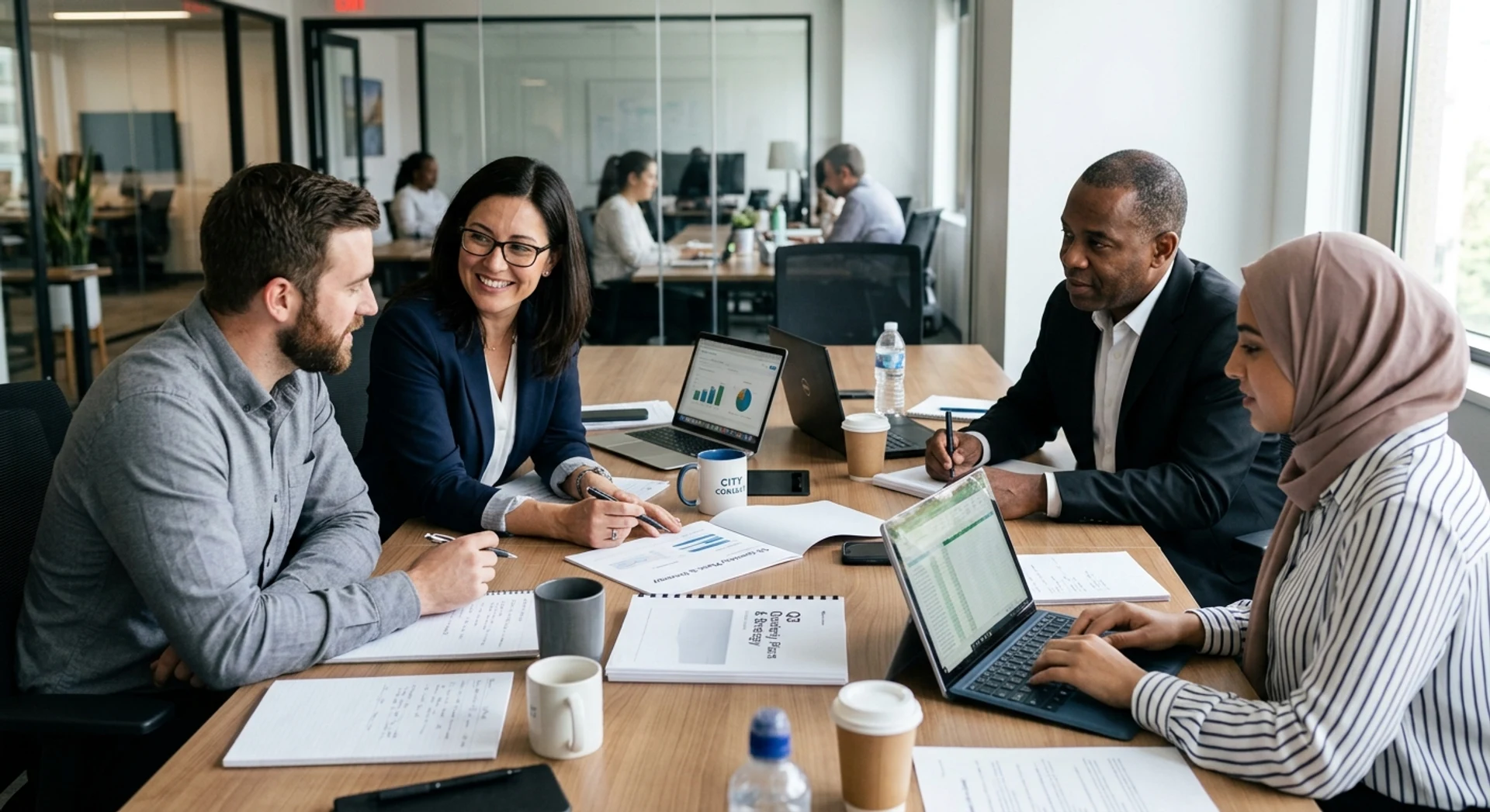 Fotografia editorial ultra-realista de equipe de negócios trabalhando em mesa de conferência com documentos impressos e laptops, revisando planos trimestrais. Imagem autêntica capturada com Canon EOS R5, luz natural, foco nítido e alta resolução.