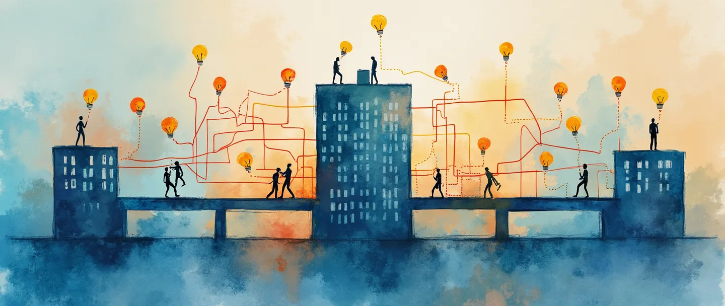 Uma pintura digital em aquarela de um edifício central de escritórios com pontes de conexão para edifícios satélites menores. Linhas coloridas de rede fluem entre as estruturas, com pequenas figuras trocando ideias representadas por lâmpadas. Composição simples com vibrantes tons de azul e laranja, transmitindo conectividade empresarial e colaboração.