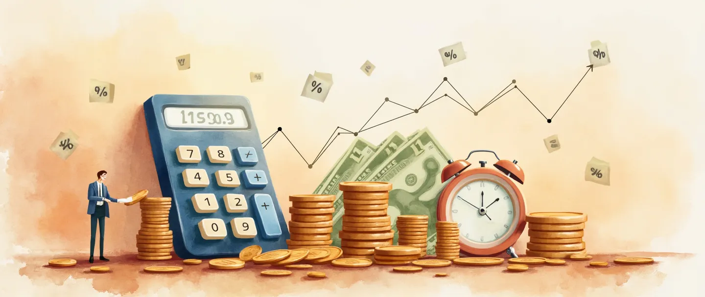 Uma pintura digital em aquarela de moedas e notas de dinheiro com símbolos de porcentagem flutuando acima delas, ao lado de uma calculadora simples exibindo números. Um pequeno relógio e um aperto de mãos aparecem no fundo, com uma linha sutil de gráfico ascendente conectando-os. Cores quentes, composição simples, conceito financeiro.