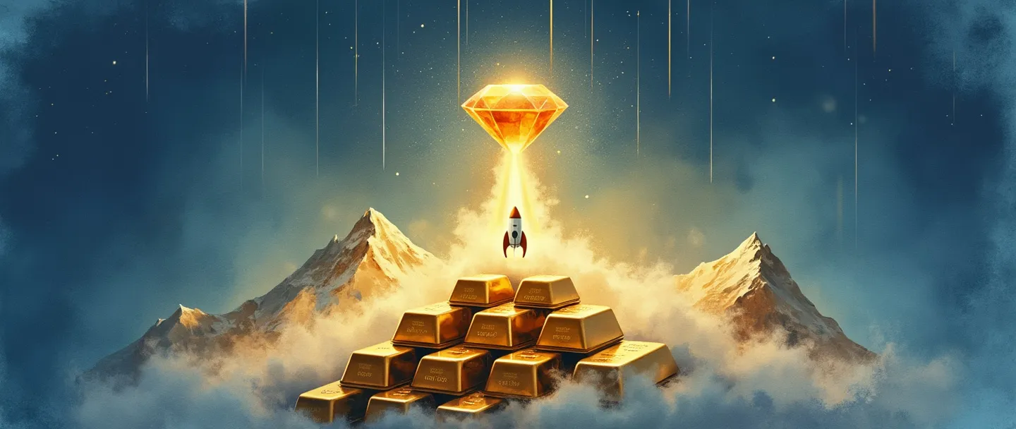 Uma pintura digital em aquarela de um diamante luxuoso emitindo raios dourados, flutuando acima de barras de ouro empilhadas. Um pequeno foguete lança-se para cima a partir das barras em direção a um pico de montanha. Composição simples e elegante com ricos tons de azul e dourado, transmitindo um conceito de negócio de alto valor.