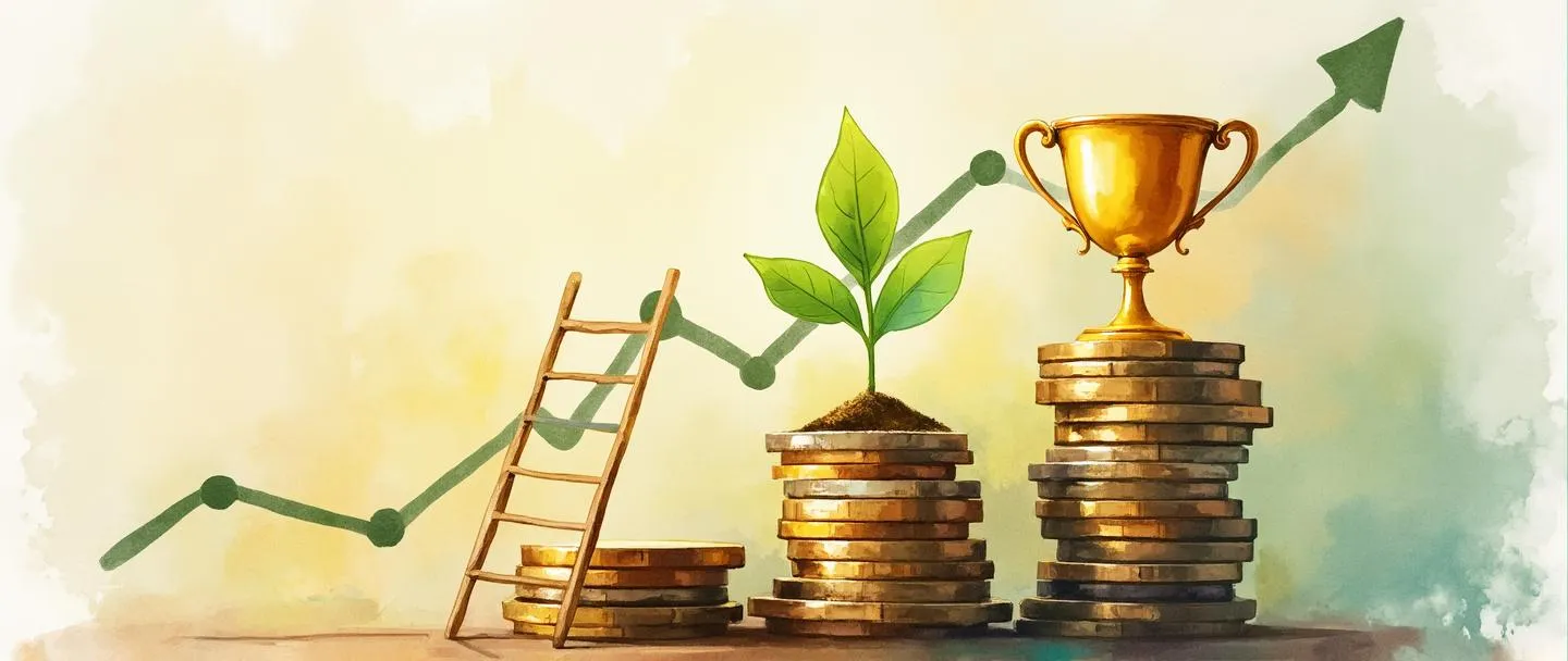 Uma pintura digital em aquarela de uma pequena muda verde crescendo de uma pilha de moedas, com um gráfico de tendência ascendente ao fundo. Uma escada está apoiada contra o gráfico, levando a um troféu dourado no topo. Composição simples com cores quentes, representando crescimento financeiro e sucesso em investimentos.