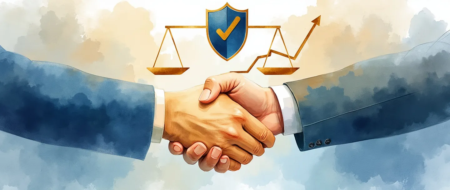 Uma pintura digital em aquarela de um aperto de mãos entre um banqueiro e um cliente, com uma balança dourada de pesos próxima mostrando pesos iguais. Um escudo com uma marca de verificação flutua acima, enquanto um gráfico ascendente simplificado se curva para cima no fundo. Linhas limpas, paleta profissional em azul e dourado, transmitindo confiança e crescimento financeiro.