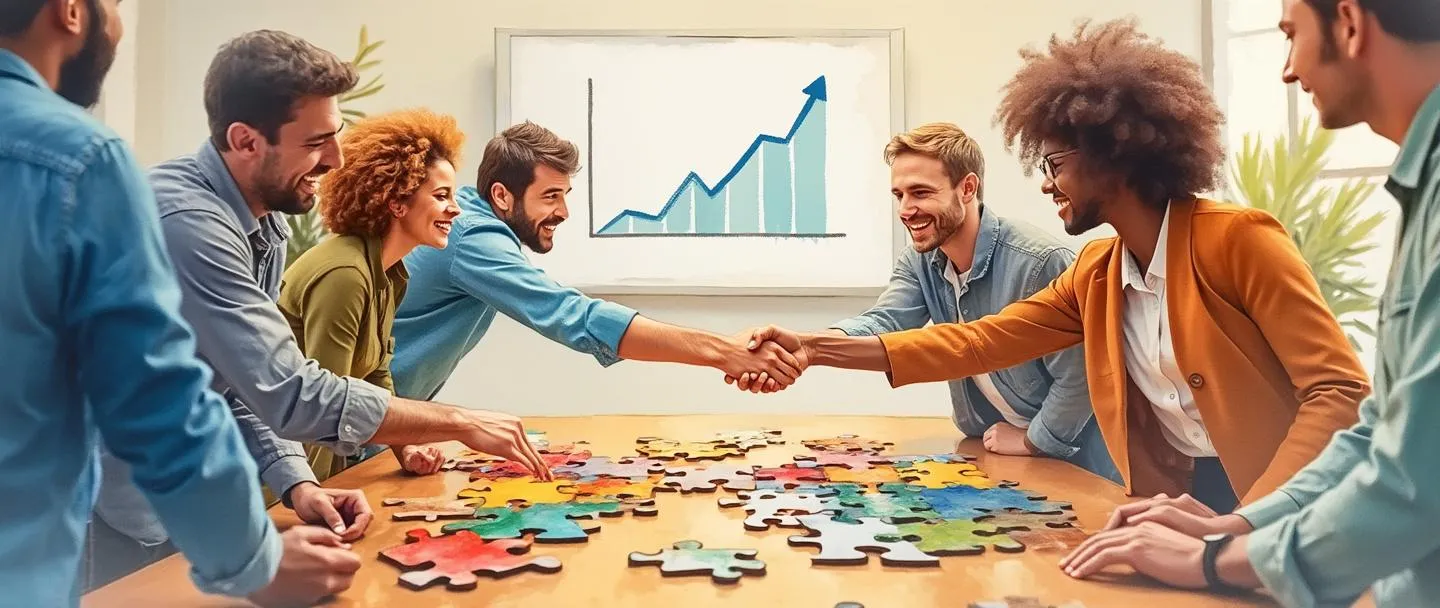 Uma pintura digital em aquarela mostrando pessoas diversas construindo juntas um quebra-cabeça colorido em uma mesa de conferência. Cada pessoa contribui com uma peça diferente, simbolizando trabalho em equipe. Ao fundo, um ambiente de escritório simples com um quadro branco mostrando um gráfico ascendente. Atmosfera calorosa e colaborativa com apertos de mão sendo trocados.