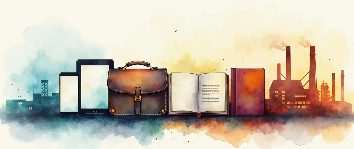 Uma pintura digital em aquarela de uma fileira de produtos diversos (smartphone, livro, pasta executiva) conectados por uma linha fluida, com a silhueta de uma fábrica ao fundo. Composição simples com cores vibrantes mostrando a linhagem dos produtos e a continuidade da fabricação.
