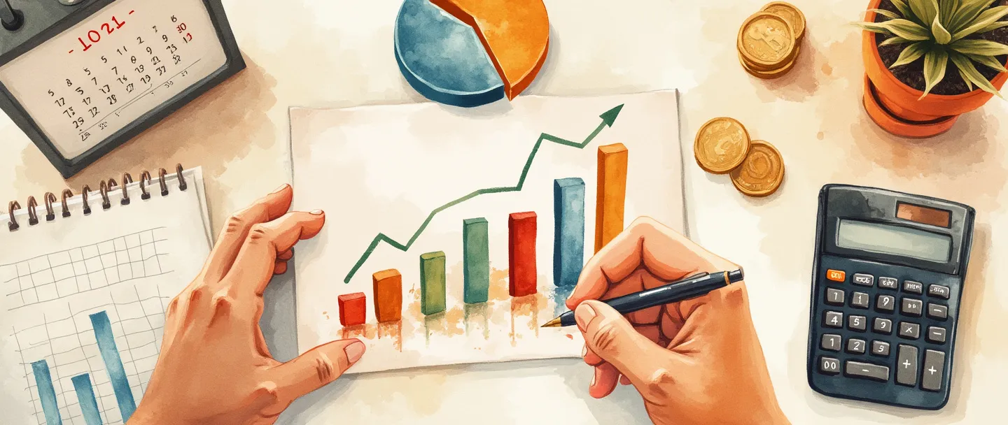 Uma pintura digital em aquarela de uma pessoa calculando números em uma calculadora, com um gráfico de pizza e um gráfico de barras flutuando próximos. Um calendário e moedas estão organizados de forma ordenada sobre uma mesa. Composição simples com cores quentes transmitindo planejamento financeiro e orçamento.
