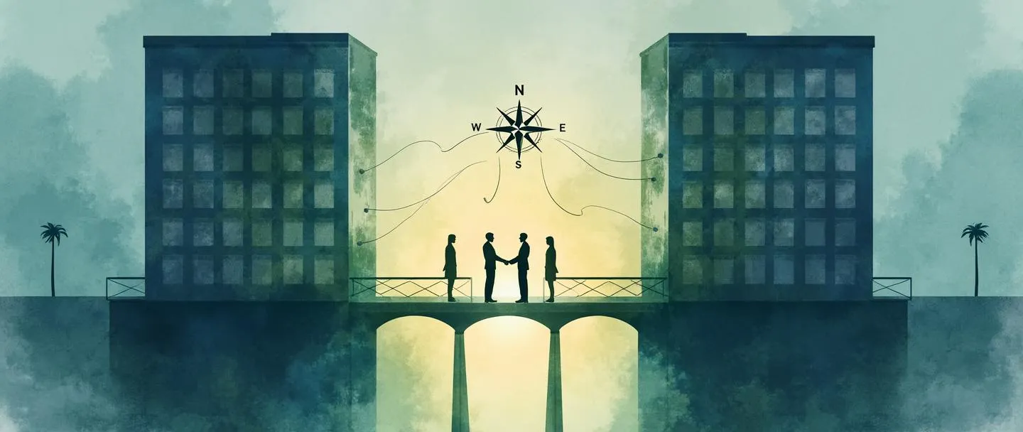 Uma pintura digital em aquarela de dois edifícios de escritórios conectados por uma ponte brilhante. Figuras profissionais estão apertando as mãos através da ponte, com linhas sutis de networking fluindo entre elas. Uma rosa dos ventos está no fundo, simbolizando direção e propósito. Estilo limpo e profissional com tons suaves de azul e verde.