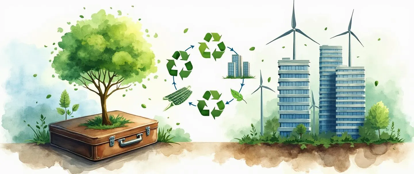 Uma pintura digital em aquarela de uma árvore crescendo a partir de uma pasta executiva, com painéis solares e turbinas eólicas de um lado e um prédio de escritórios verde do outro. Símbolos de reciclagem fluem entre eles em um padrão circular. Composição simples com tons terrosos e azuis, transmitindo sustentabilidade empresarial.