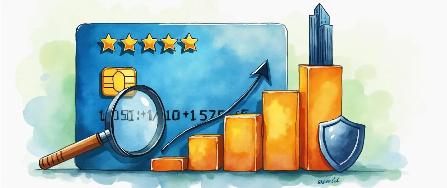 Uma pintura digital em aquarela de um cartão de crédito com um sistema de classificação por estrelas acima dele. Ao lado, um gráfico de barras simples com tendência ascendente e uma pequena silhueta de um edifício corporativo equilibrada no topo. Uma lupa examina o gráfico enquanto um pequeno símbolo de escudo representa segurança. Paleta de cores limpa e profissional com tons de azul e verde.