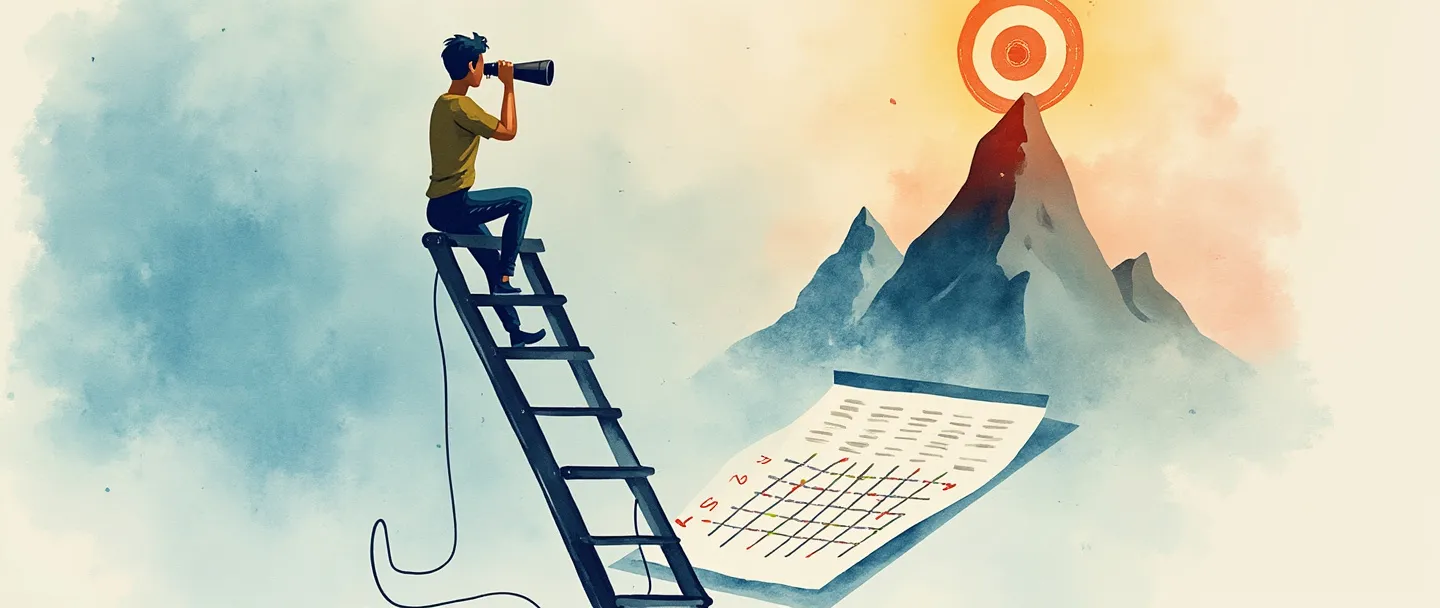Uma pintura digital em aquarela de uma pessoa subindo uma escada enquanto olha através de binóculos em direção a um alvo no pico de uma montanha. Abaixo, um calendário com marcas de verificação se conecta à escada com linhas pontilhadas. Composição simples, cores estratégicas, mostrando progresso e visão.