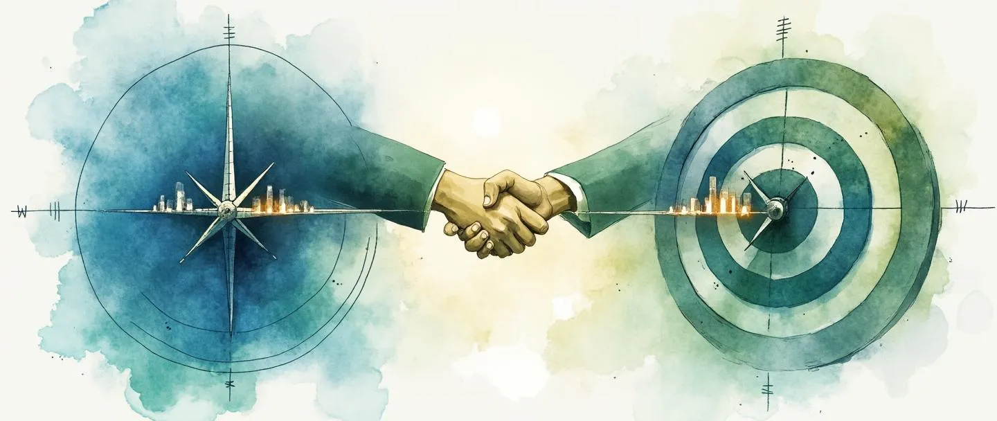 Uma pintura digital em aquarela de uma bússola alinhando-se com um alvo, conectados por indicadores-chave de desempenho brilhantes exibidos como gráficos de barras ascendentes. Um aperto de mãos se forma na interseção, simbolizando alinhamento. Composição simples com azuis e verdes vibrantes contra um fundo branco suave.