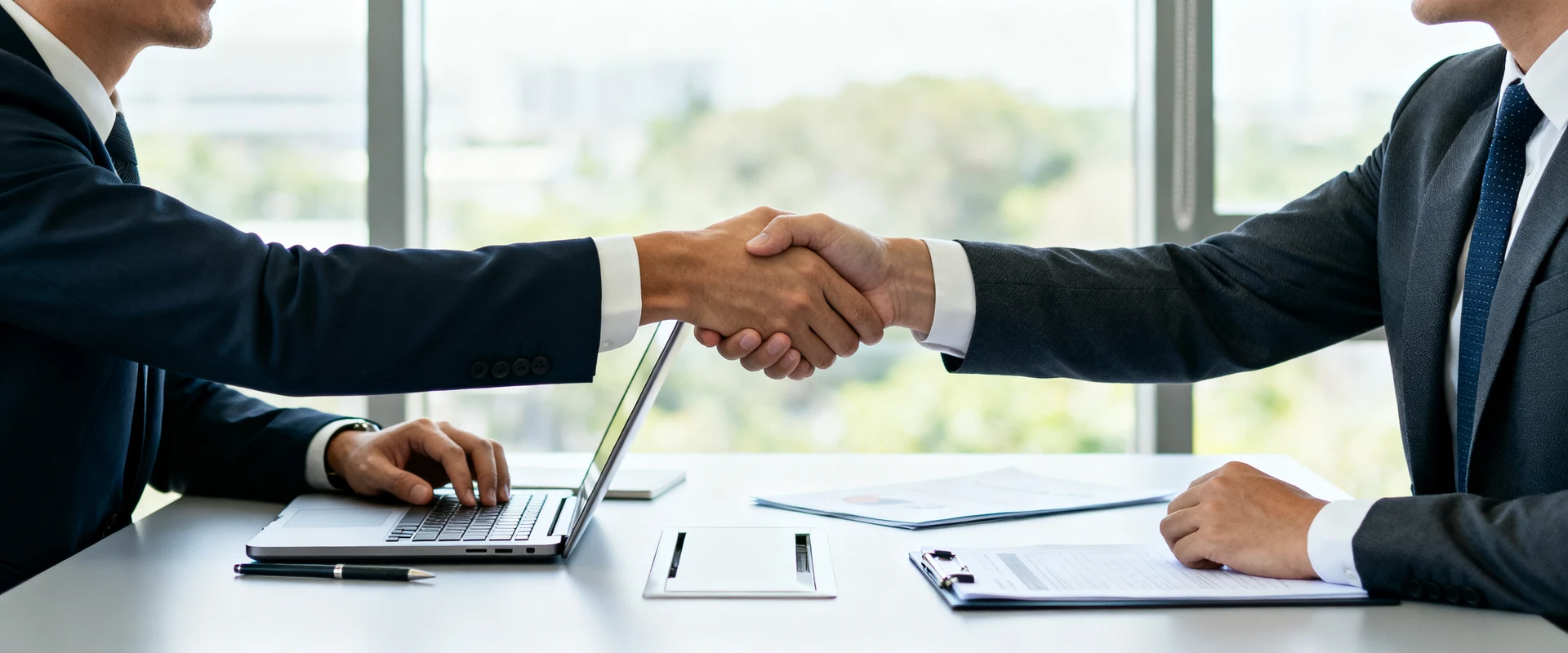 Vendas B2B: o que são, como funcionam e estratégias para ter sucesso Fotografia editorial ultra-realista de dois executivos profissionais apertando as mãos em reunião corporativa moderna, com laptops e documentos sobre mesa de conferência, luz natural, foco nítido, alta resolução, momento autêntico capturado em Canon EOS R5.