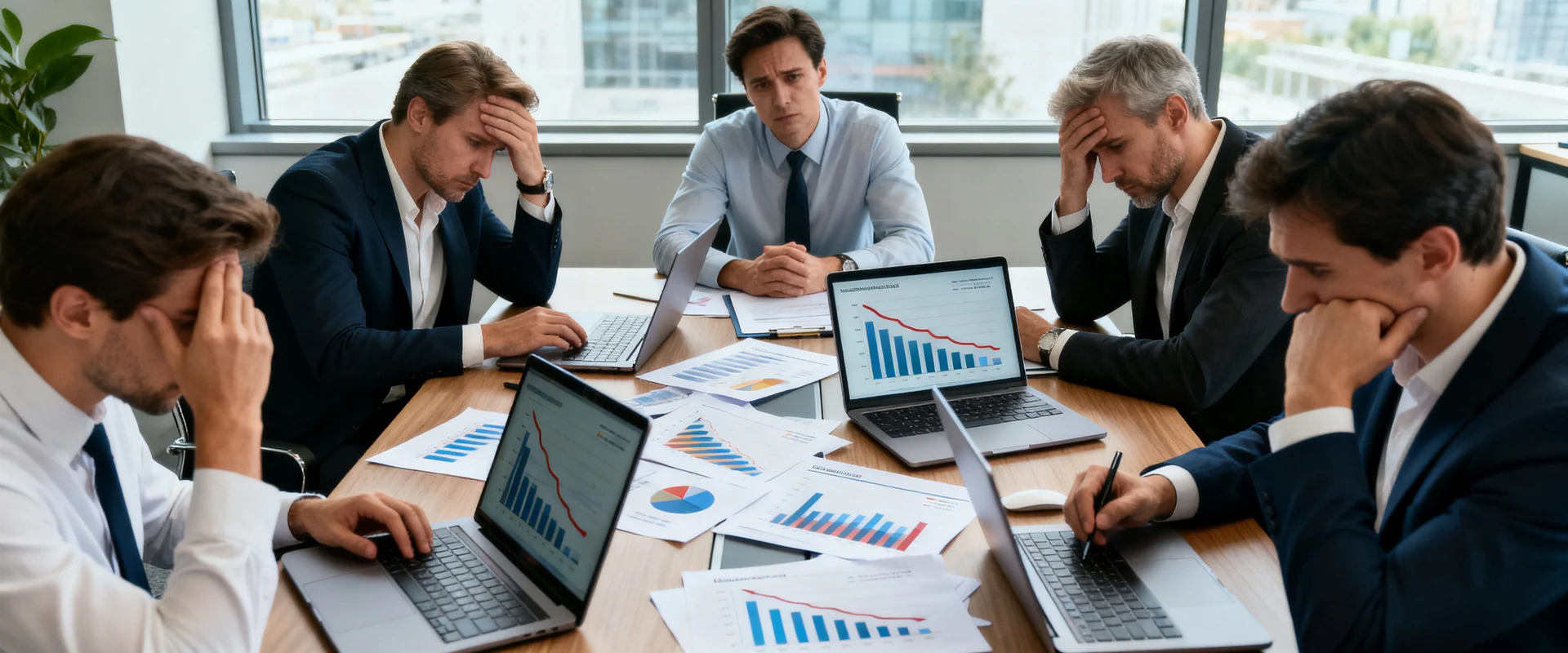Equipe de negócios frustrada em reunião tensa analisando gráficos de vendas estagnadas e métricas em declínio em escritório moderno, fotografia editorial ultra-realista capturada com Canon EOS R5