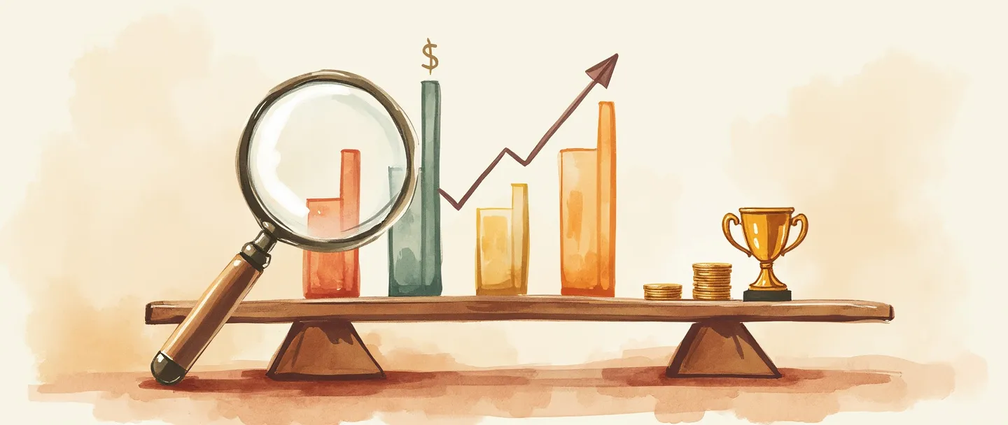 Uma pintura digital em aquarela de uma lupa examinando um gráfico de barras ascendente com cifrões, enquanto uma balança pesa moedas contra um pequeno troféu. Composição simples com cores quentes, transmitindo análise de rentabilidade em um estilo elegante e minimalista.