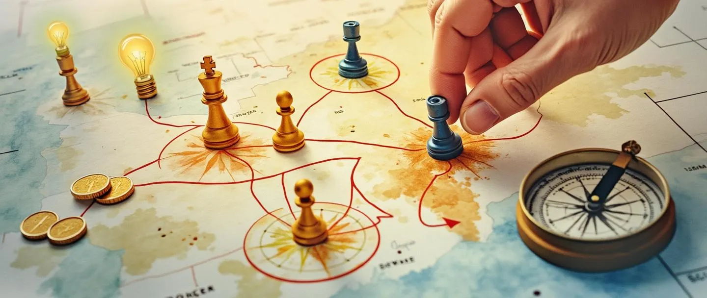 Uma pintura digital em aquarela de uma mão estrategicamente posicionando peças de xadrez em um mapa simplificado, com uma bússola próxima indicando a direção. Recursos representados como moedas douradas e lâmpadas fluem ao longo de caminhos planejados em direção a um alvo vibrante. Composição simples com cores quentes transmitindo uma alocação pensativa.