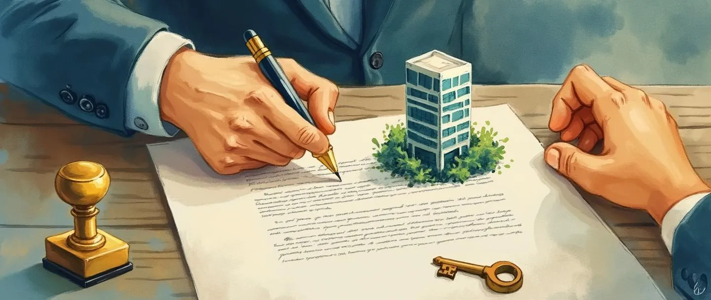 Uma pintura digital em aquarela de uma mão assinando um contrato com um edifício de escritórios estilizado emergindo do documento. Uma pequena chave dourada e um carimbo oficial pairam nas proximidades. Composição simples com tons quentes de azul e verde, transmitindo formalização e legitimidade.