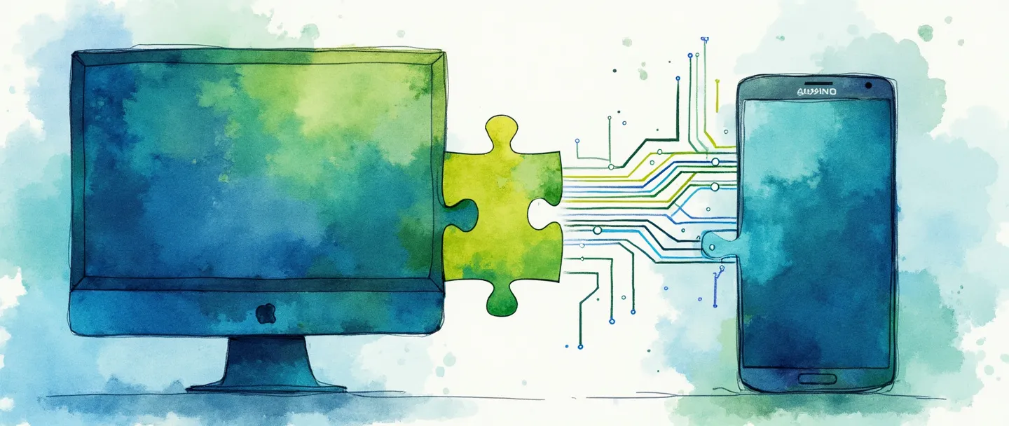 Uma pintura digital em aquarela de peças de quebra-cabeça interconectadas formando uma ponte entre um computador e um smartphone. Fluxos de dados visualizados como correntes coloridas cruzando a ponte. Composição simples com azuis e verdes vibrantes, transmitindo conexão e integração digital perfeita.