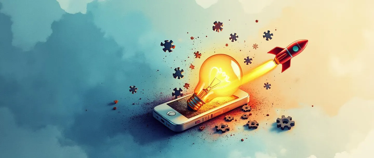 Uma pintura digital em aquarela de uma lâmpada tradicional se estilhaçando enquanto um smartphone moderno emerge de dentro dela, cercado por engrenagens flutuantes e peças de quebra-cabeça. Um pequeno foguete é lançado para cima a partir do smartphone, deixando um rastro colorido. Composição simples com tons vibrantes de azul e laranja contra um fundo limpo.