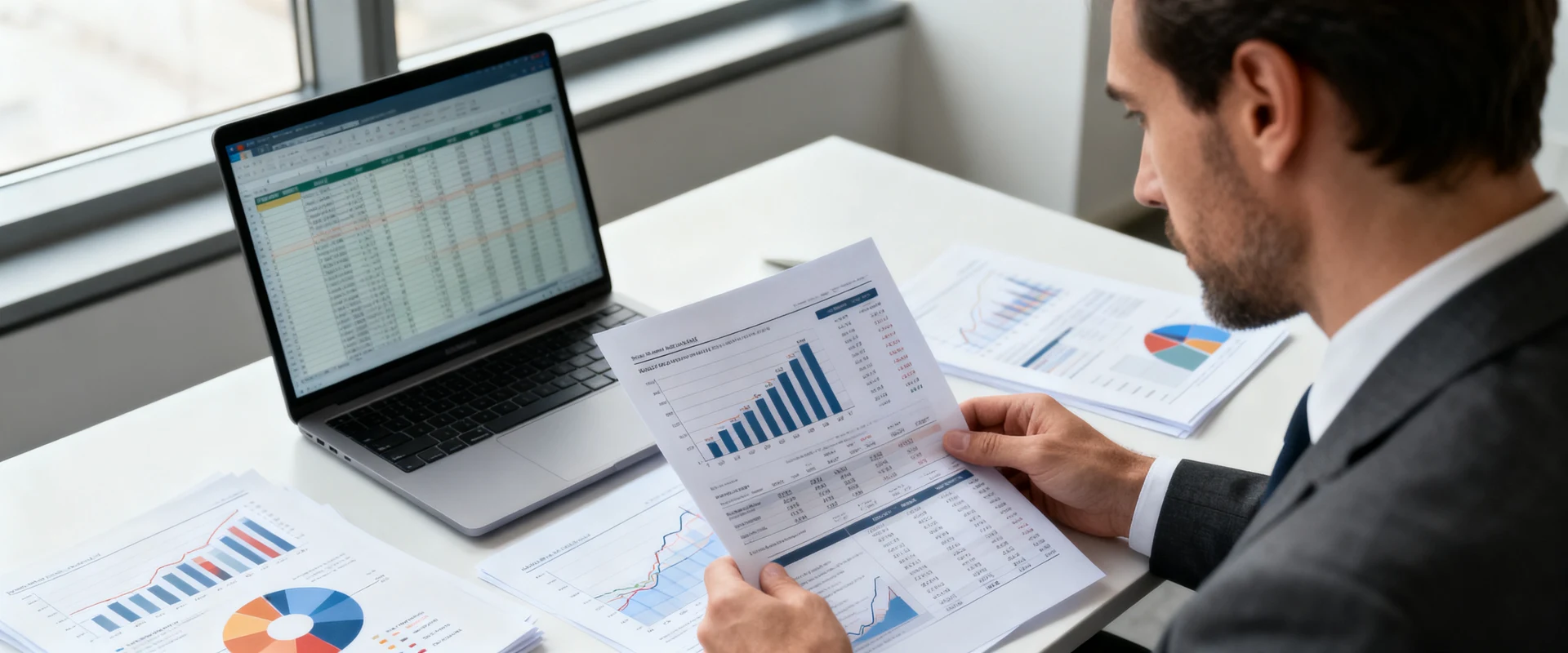 Executivo de negócios analisando relatórios financeiros impressos e gráficos em mesa de escritório moderno com laptop, fotografia editorial ultra-realista com luz natural, foco nítido e detalhes precisos, capturando momento autêntico de trabalho corporativo.