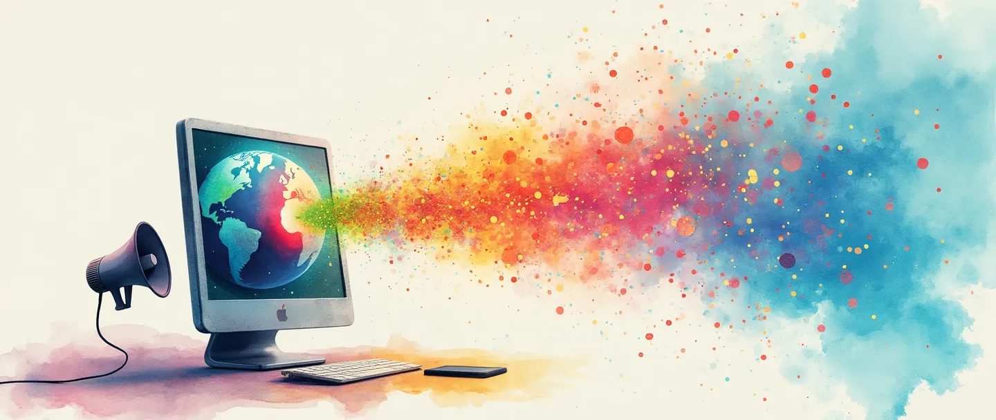 Uma pintura digital em aquarela de uma tela de computador emitindo ondas coloridas que se conectam a um smartphone, com um megafone próximo transmitindo partículas de luz vibrantes. Um globo paira acima, recebendo as ondas coloridas. Composição simples com elementos fluidos representando comunicação online e compartilhamento de informações.