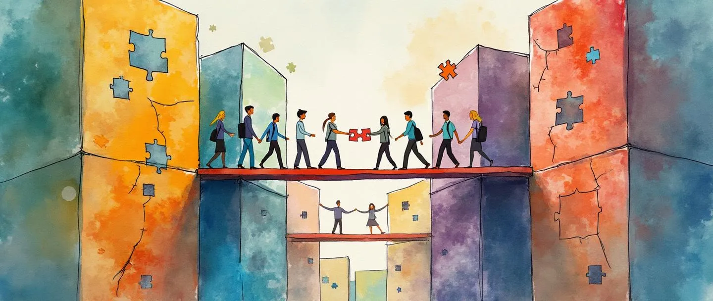 Uma pintura digital em aquarela de edifícios de escritórios divididos conectados por pontes coloridas, com pessoas atravessando entre estruturas anteriormente isoladas. Paredes quebradas revelam equipes colaborativas compartilhando peças de quebra-cabeça. Composição simples com cores vibrantes destacando a unidade organizacional e o fluxo de conhecimento.