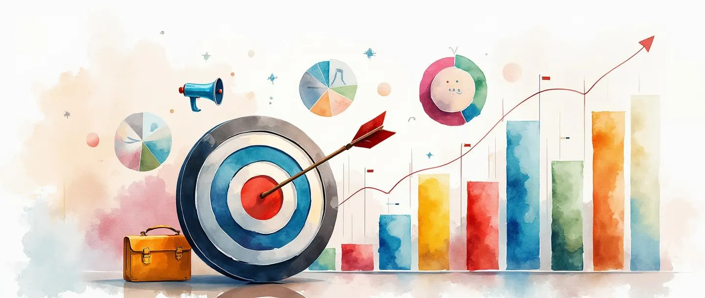 Uma pintura digital em aquarela de KPIs de área de negócios mostrando um painel com gráficos de barras simples e gráficos de pizza em cores vibrantes. Um alvo com uma flecha no centro está posicionado de forma proeminente em primeiro plano, enquanto pequenos ícones representando diferentes departamentos de negócios (pasta, fábrica, megafone, computador) flutuam ao redor das bordas. Composição limpa com visualização clara de métricas.